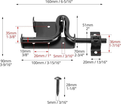 QWORK Slide Bolt Gate Latch, Heavy-Duty Gate Lock with Padlock Hole for Wooden Vinyl Fence Barn Doors – 6-3/8" Black, 2 Pack
