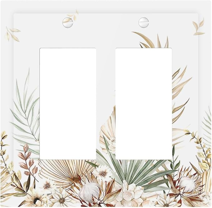 Decorative Outlet Covers Boho Leaves Watercolor Tan Leaf Floral Plant 2 Gang Double GFCI Rocker Electrical Wall Panels Light Switch Cover Plate for Bedroom Home Decor
