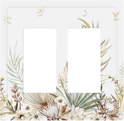 Decorative Outlet Covers Boho Leaves Watercolor Tan Leaf Floral Plant 2 Gang Double GFCI Rocker Electrical Wall Panels Light Switch Cover Plate for Bedroom Home Decor