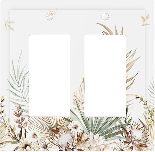 Decorative Outlet Covers Boho Leaves Watercolor Tan Leaf Floral Plant 2 Gang Double GFCI Rocker Electrical Wall Panels Light Switch Cover Plate for Bedroom Home Decor