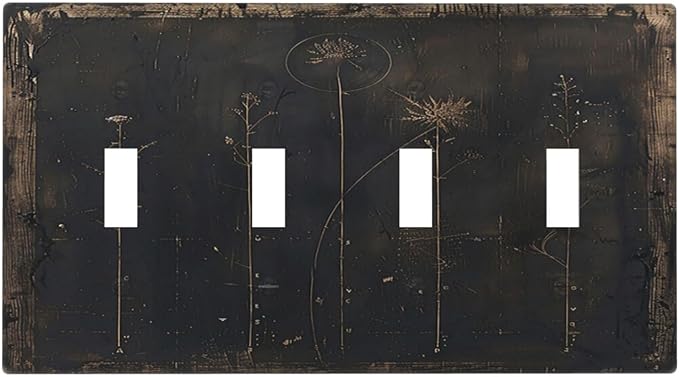 Light Switch Cover Plate Black And White Dandelion Art Vintage Wood Grain 4 Gang Quad Toggle Wall Plate Electrical Outlet Cover Decorative Switch Plate Covers for Farmhouse Cabin Decor
