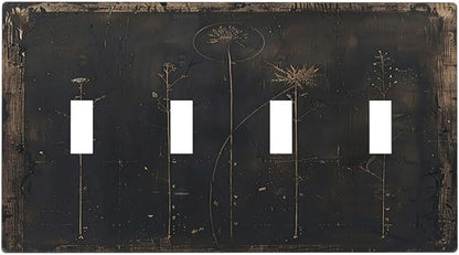 Light Switch Cover Plate Black And White Dandelion Art Vintage Wood Grain 4 Gang Quad Toggle Wall Plate Electrical Outlet Cover Decorative Switch Plate Covers for Farmhouse Cabin Decor