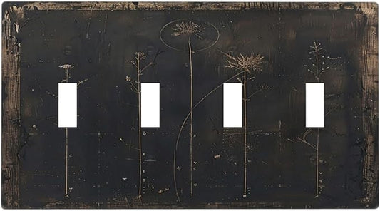 Light Switch Cover Plate Black And White Dandelion Art Vintage Wood Grain 4 Gang Quad Toggle Wall Plate Electrical Outlet Cover Decorative Switch Plate Covers for Farmhouse Cabin Decor