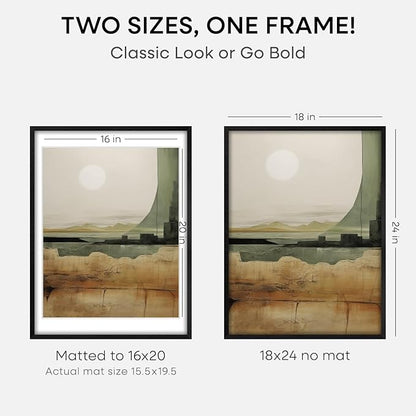 Homeforia Black Wooden Frame 18x24, High End Oak 18x24 Wood Picture Frames with Mat 16x20 Photo, 18 x 24 Poster Frame Matted to 16 by 20 Print, 24x18 Hanging Frames, Tempered Glass, Wall Kit, Set of 3