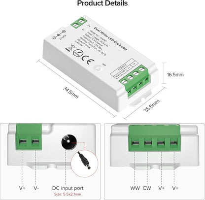 C02RF LED Controller Support PWM 5050SMD COB CCT(+ CW WW) 3pin LED Strip Tunable Color Temperature LED Compatible with WR02RF RC02RF Remote DC5V/DC12V/DC24V Max 12A Indoor Use Only