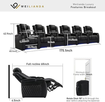 Weilianda Home Theater Seating Top Grain Leather Zero Gravity Recliner Chair Power Headrest Recline Movie Seat Gaming 7 Colors Mood Light Sofa with Tray Table USB Charge Row of 6 Black