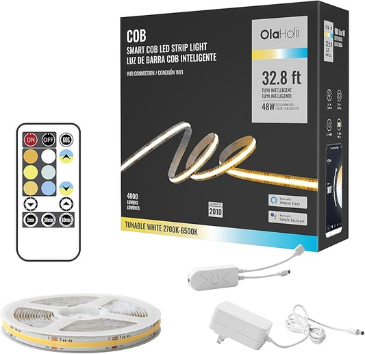32.8ft Smart COB LED Strip Light, Tunable White 2700K-6500K Dimmable Bright WiFi Led COB Light Strip Compatible with Alexa and Google, White CCT COB Led Light for Kitchen Cabinet, Room