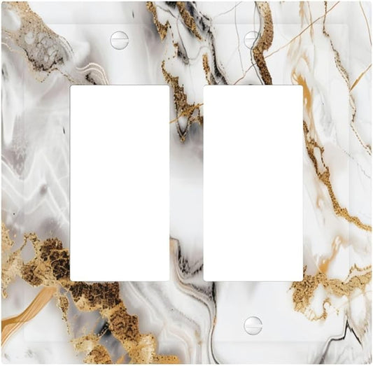 Luxurious Marble Abstract White Gold Tile Modern Simplicity Decorative Outlet Covers 2 Gang Double GFCI Rocker Electrical Wall Panels Light Switch Cover Plate for Bathroom Kitchen Decor