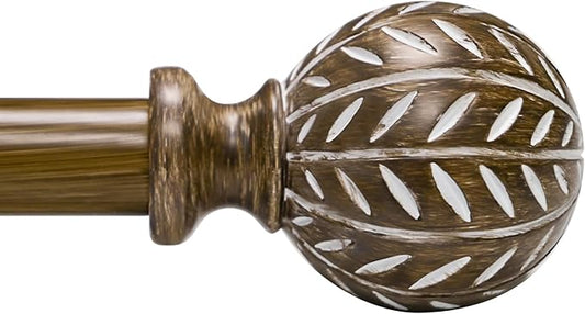 Boho Wooden Curtain Rods for Windows 48 to 84 Inches(4-7 ft), Adjustable Heavy-Duty 1" Diameter Drapery Rod with Imitation Wood-Grain Leaf-Pattern Finials - for Living Room & Bedroom，36-88''