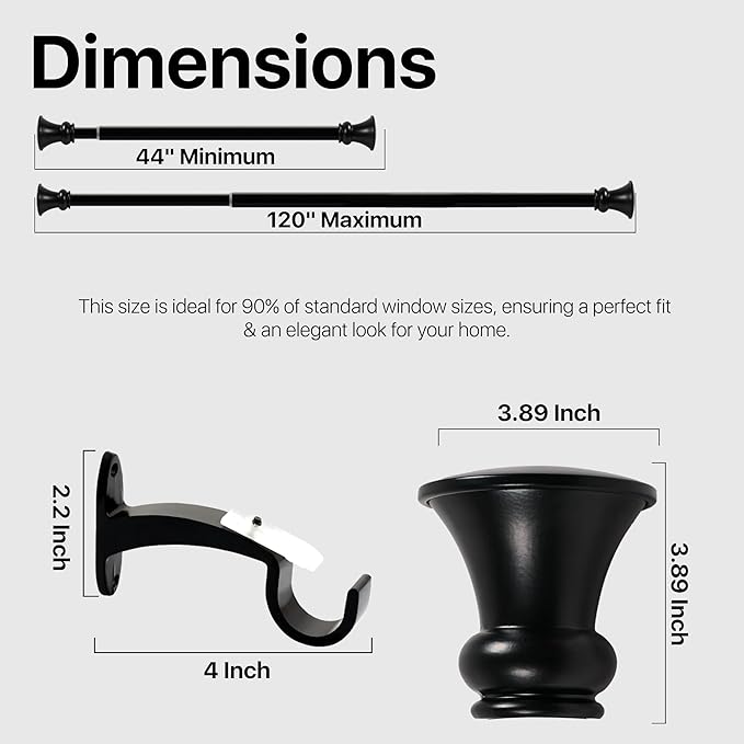Deco Window Adjustable Curtain Rod for Windows 44 to 120 Inch (Pack of 1) Extendable Heavy Duty 1 Inch Iron Drapery Pole with Finials Wall Mounted French Door Curtain Rods (Black)
