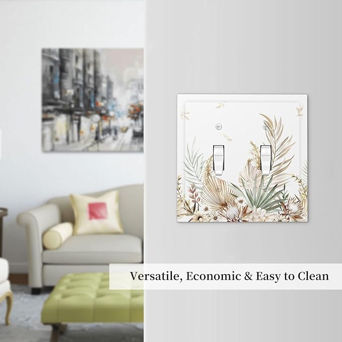 Decorative Switch Plates Boho Leaves Watercolor Tan Leaf Floral Plant 2 Gang Double Toggle Wall Plate Outlet Light Switch Cover Electrical Faceplate for Bedroom Home Decor