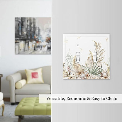 Decorative Switch Plates Boho Leaves Watercolor Tan Leaf Floral Plant 2 Gang Double Toggle Wall Plate Outlet Light Switch Cover Electrical Faceplate for Bedroom Home Decor