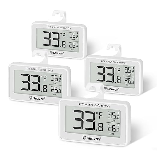 Geevon 4 Pack Refrigerator Thermometer Digital Fridge Thermometer IP65 Waterproof with Large LCD Display,Max/Min Record Function,Magnetic Back,for Fridge,Freezer Scenarios