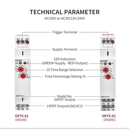 GEYA Delay On Single Function Time Relay 1 Output 16A Electronic Adjustable Power ON Timer Delay Relay Rail Modular(GRT8 A1,AC230V)