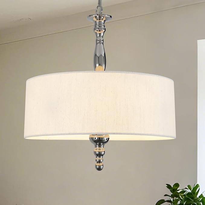 4-Light Drum Chandeliers, Drum Pendant Light Fixture Beige Linen Fabric Shade, Kitchen Chandeliers Over Table,Adjustable Hanging Light Fixture for Dining Room,Brushed Nickel