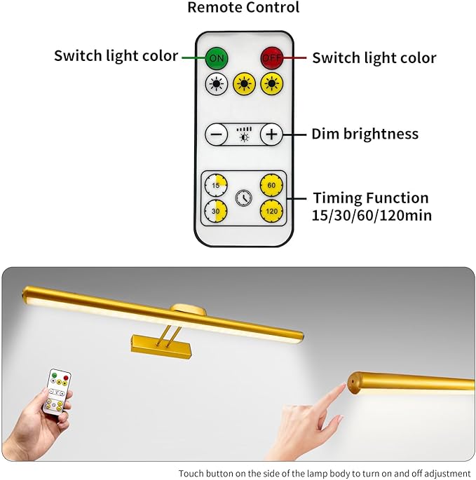 24.4" Wireless Picture Lights, Rechargeable Battery Art Display Light with Remote Control, Dimmable/Timer Off Dartboard Light, 3 Lighting Modes Full Metal Painting Display Lights (Gold-1Pack)