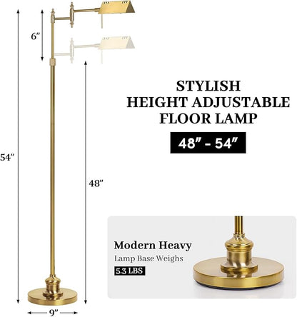 Dimmable Pharmacy Floor Lamp with Remote, 15W Gold LED Reading Floor Lamp with 360°Swing Arm, 3 Color Temperature, Height Adjustable Standing Task Lamp for Living Room, Bedroom, Office, Antique Brass