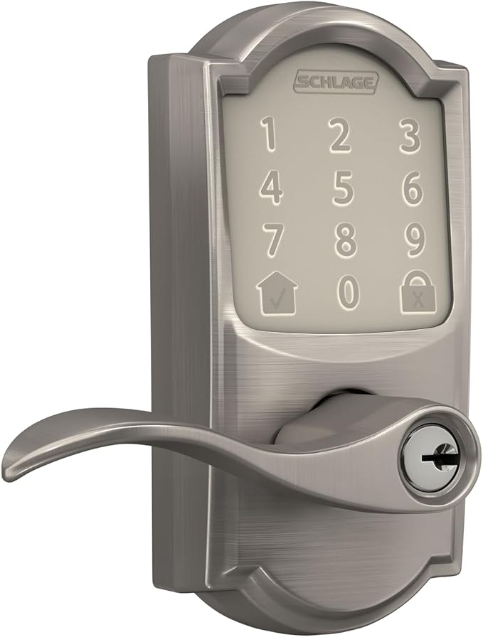 Schlage FE789WB CAM 619 Acc Encode WiFi Accent Lever Smart Lock, Keyless Entry Touchscreen Door Lock with Camelot Trim, Satin Nickel