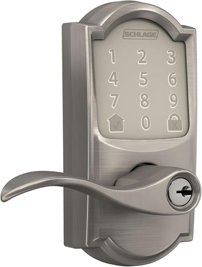 Schlage FE789WB CAM 619 Acc Encode WiFi Accent Lever Smart Lock, Keyless Entry Touchscreen Door Lock with Camelot Trim, Satin Nickel