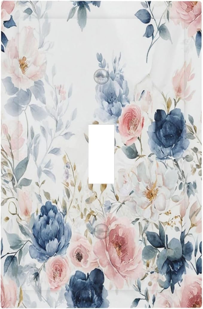 Elegant Watercolor Pink Blue Flowers Floral Single Toggle Light Switch Cover plate Outlet Cover Decorative Switchplate Wall Plates Electrical Panel Cover for Bathroom Living Room 5 X 3 IN