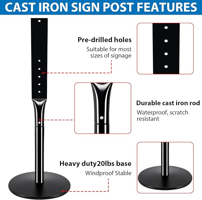 Heavy Duty Parking Sign Post Stand 49", 20lbs Cast Iron Base Sign Post for Outside Sign Holder, Yard Sign Stand, Street Sign Post, Black