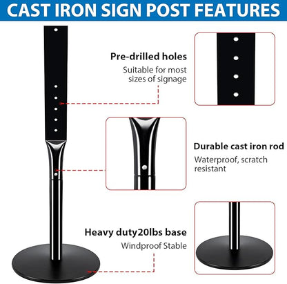2Pack Heavy Duty Parking Sign Post for Outside, 20lbs Cast Iron Base Sign Post for Outdoor Sign Holder, Yard Sign Stand, Street Sign Post, 49" Height, Black