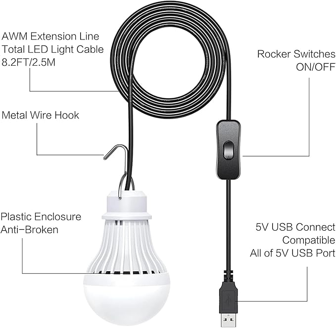 2 Pack USB LED Camping Lantern, 8.2 ft Extra Length Cord Tent Light with USB Y-Cable, Portable LED Bulb for Garage, Warehouse, Car, Truck, Fishing Boat, Room, Emergency Light, Warm