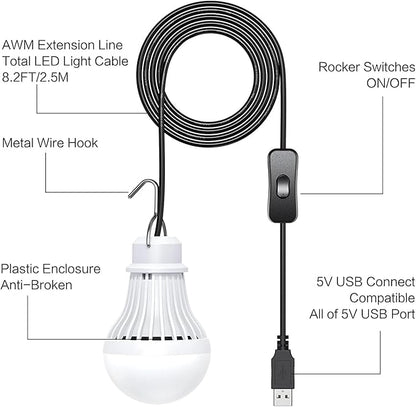 2 Pack USB LED Camping Lantern, 8.2 ft Extra Length Cord Tent Light with USB Y-Cable, Portable LED Bulb for Garage, Warehouse, Car, Truck, Fishing Boat, Room, Emergency Light, Warm