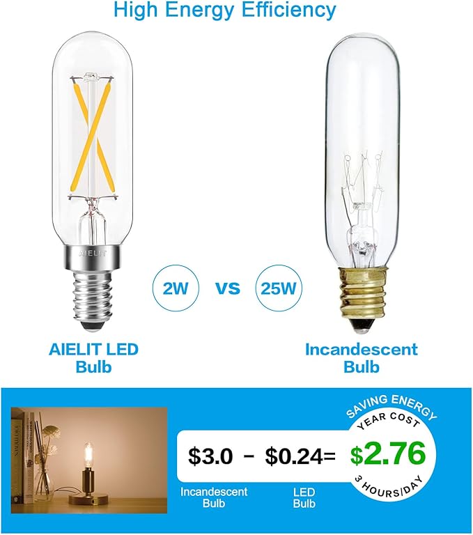 2W T8 Dimmable Candelabra LED Light Bulb, Soft White 3000K, E12 Small Chandelier Base, Tubular 25-Watt Equivalent Clear Vintage LED Edison Bulb for Display Cabinet Showcase Piano, 8-Pack