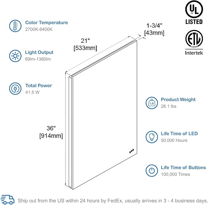 Blossom 21x36 LED Mirror for Bathroom | Backlit LED Vanity Mirror with Anti-Fog, Stepless Dimmable, 3 Color Temperature | Lighted Mirrors for Bathroom Wall | Smart Vanity Makeup Mirror with Lights