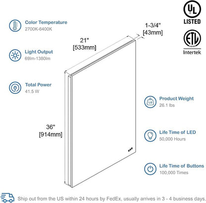 Blossom 21x36 LED Mirror for Bathroom | Backlit LED Vanity Mirror with Anti-Fog, Stepless Dimmable, 3 Color Temperature | Lighted Mirrors for Bathroom Wall | Smart Vanity Makeup Mirror with Lights