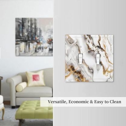 Luxurious Marble Abstract White Gold Tile Modern Simplicity Decorative Switch Plates 2 Gang Double Toggle Outlet Light Switch Cover Wall Plate Electrical Faceplate for Bathroom Kitchen Decor
