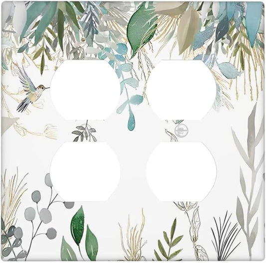 Green Tropical Palm Leaves Flower Plants Hummingbird Outlet Covers 2 Gang Double Duplex Decorative Light Switch Covers Electrical Wallplates Socket Faceplate for Bed Room Living Room Decor