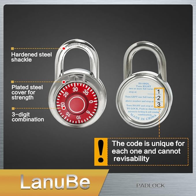 LanuBe Standard Dial Combination Lock, 2 inches. Wide, with Different Combinations, Red Turnplate, Pack of 12; Lock for School, Employee, Gym Sports Locker, Case, Toolbox