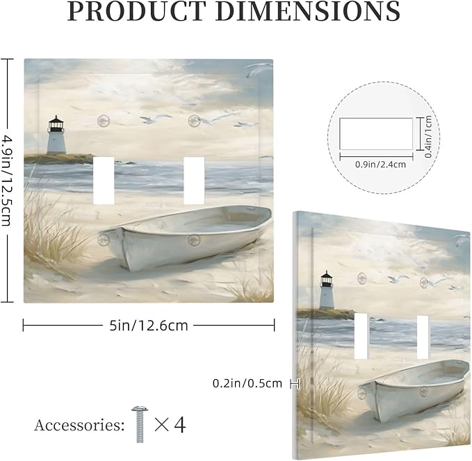 Decorative Light Switch Plate Covers Seascape Painting with Lighthouse Boats 2 Gang Wall Plate Unique Double Toggle Double Light Switch Covers for Bedroom Home Decor （2 Pack）