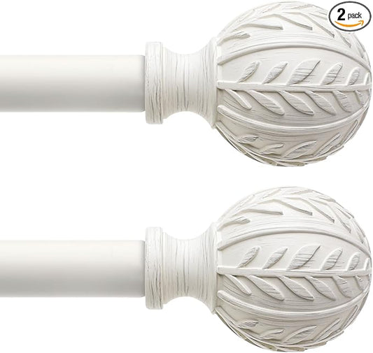 2 Pack Antique White Curtain Rods for Windows 28 to 48 inch,1" Adjustable Heavy Duty Window Curtain Rod with Leaf Finials,Rustic Decorative Drapery Rods Set,Size:18-60''