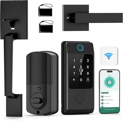 WiFi Front Door Lock Sets with Handle, Fingerprint Keyless Entry and Smart Keypad with Lever Handles, Electronic Screen+WiFi Gateway, APP Control, Auto-Lock, Voice Control