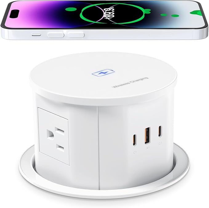 ANNQUAN 4.75" Pop Up Outlet with 65W USB-C,15W Wireless Charger,4 Outlets,3 USB Ports,Pop Up Countertop Receptacle Outlet for Home Office Kitchen
