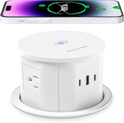 ANNQUAN 4.75" Pop Up Outlet with 65W USB-C,15W Wireless Charger,4 Outlets,3 USB Ports,Pop Up Countertop Receptacle Outlet for Home Office Kitchen