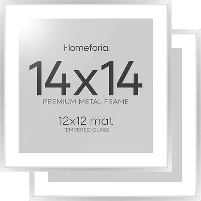 Homeforia Silver 14x14 Picture Frame, High End Metal 14 x 14 Square Frame with Mat 12 x 12 Photo, 14x14 Poster Frames Matted to 12x12 Print, 14 by 14 Hanging Frames, Tempered Glass, Wall Kit, Set of 2