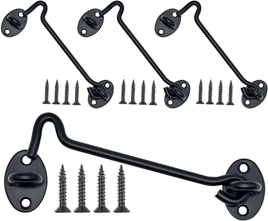 4-Pack 6Inch Door Lock Gate Latch Premium Stainless Steel Hook and Eye Gate Latch Cabin Hook with 16pcs Screws, Black