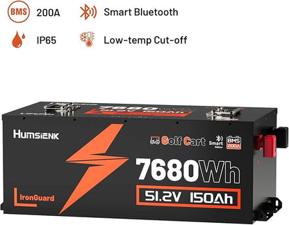 48V 150Ah Golf Cart Battery with Blade Cell & Metal Case, LiFePO4 Lithium Battery with 15A Charger, Bluetooth Mobile APP & LCD Monitor, 15000+ Cycles, 200A BMS with Low-Temp Protection for Golf Carts