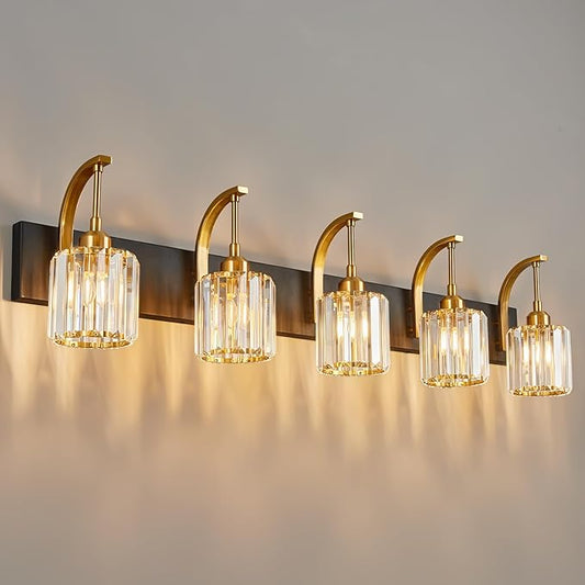 5-Light Crystal Vanity Light, Modern Black Gold Bathroom Wall Sconce with K9 Crystal Shades, 42.51" Long Over Mirror Lighting for Vanity, Makeup, Hallway, Elegant & Easy Installation