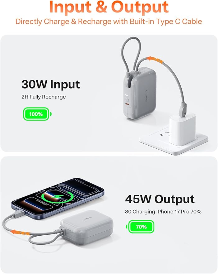 TORRAS EasyGo Portable Charger, 45W Fast Charging 10000mAh Power Bank [Travel & Daily Essentials] Built in Cable USB C, Phone Battery Pack Powerbank for iPhone Air/17/16/15 Series, Samsung, iPad etc