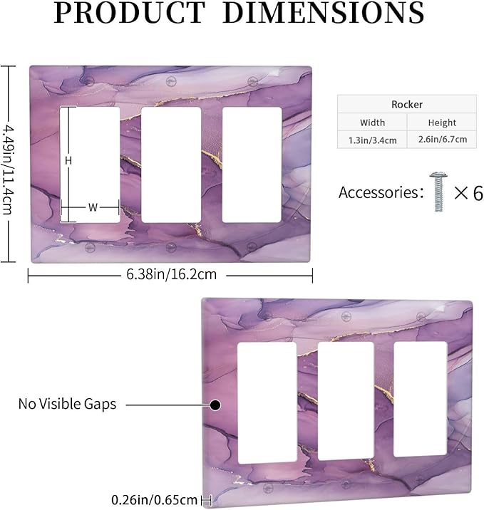 Light Switch Covers Purple Marbling Golden Line 3 Gang Rocker Electrical GFCI Decorative Triple Outlet Wall Plate Cover Switchplate for living Room Bathroom Decor