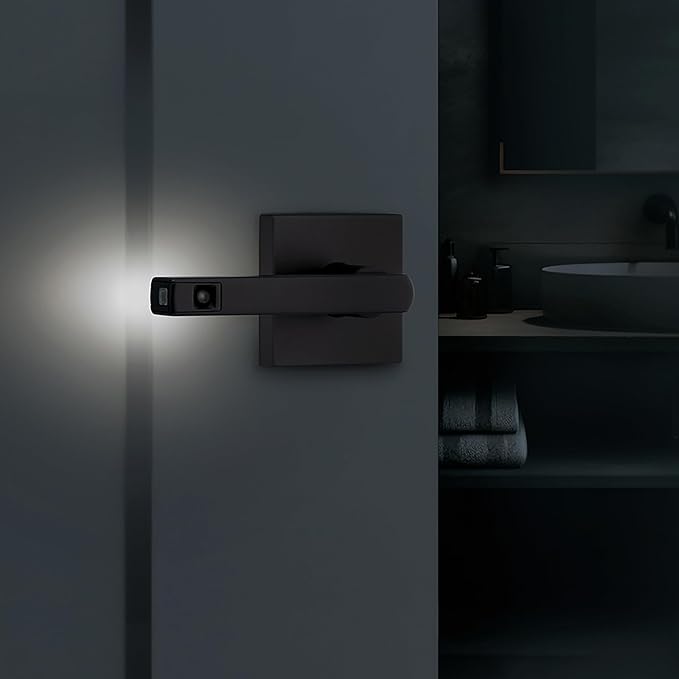 Kwikset Halifax LED Motion Activated Light Up Privacy Door Lever for Bathroom and Bedroom, Matte Black, Reversible Keyless Push Button Lock Door Lever, with Microban Protection