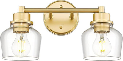 Emak Gold Bathroom Light Fixtures Over Mirror, 2-Light Bathroom Vanity Light with Clear Glass Shade, Modern Vanity Lights Wall Sconces for Bath, Makeup Desk, Mirror, VL122-GD-CG-2