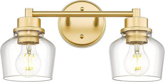 Emak Gold Bathroom Light Fixtures Over Mirror, 2-Light Bathroom Vanity Light with Clear Glass Shade, Modern Vanity Lights Wall Sconces for Bath, Makeup Desk, Mirror, VL122-GD-CG-2