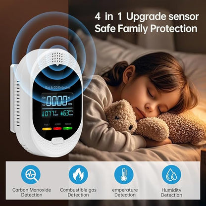 Natural Gas Detector，4-in-1 Carbon Monoxide Detectors Plug in，Combination Gas，Temperature Humidity Display，Carbon Monoxide Detectors & Gas Detector for Home，Apartment，RV