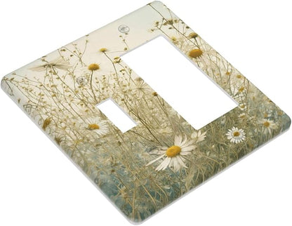 White Wildflowers Daisy Vintage Floral Outlet Covers 1 Toggle 1 Rocker Combination Decorative Wall Plate Electrical Switch Plates Light Switch Cover Plate for Bed Room Living Room Decor